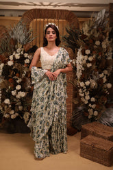 RUFFLE PRINTED DRAPED SAREE