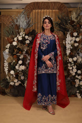 Embroidered short straight kurta with wide pants and dupatta