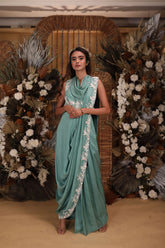 Feather Work sage green draped saree
