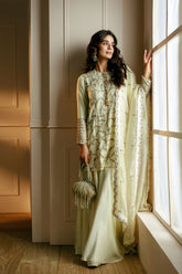 BEIGE HAND EMBROIDERED SHORT KURTA SHARARA SET