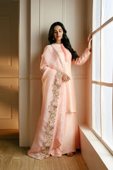 SILK HAND EMBROIDERED PEACH STRAIGHT KURTA SET