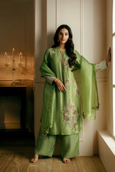 OLIVE GREEN THREADWORK STRAIGHT KURTA SET