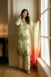BEIGE HAND EMBROIDERED LONG KURTA SET
