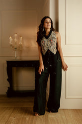 BLACK HAND EMBROIDERED SCALLOP CORD JACKET WITH STRAIGHT PANTS