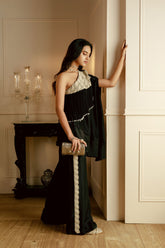 BLACK HAND EMBROIDERED ONE SHOULDER SILK CAPE WITH PANTS