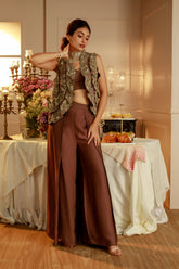 EMBROIDERED LAYERED RUFFLE JACKET WITH BUSTIER AND FLAP PANTS