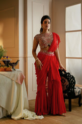 EMBROIDERED BLOUSE/GODET GHARARA DRAPE SAREE SET