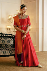 THREADWORK YOKE EMBROIDERED ANARKALI WITH DUAL COLOR DUPATTA