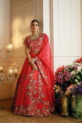 RED THREAD EMBROIDERED ORGANZA LEHENGA SET