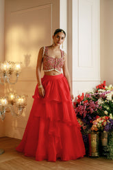 RED LAYERED LEHENGA WITH EMBROIDERED BLOUSE