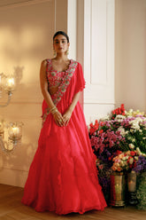 FUSCIA PINK ORGANZA LEHENGA WITH EMBROIDERED BLOUSE AND A SASH