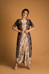 printed crop top and draped skirt with jacket