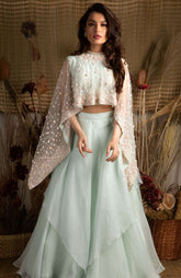 tulle cape and layered lehenga set