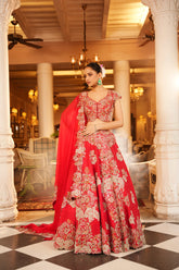 HAND EMBROIDERED RED PLACEMENT EMBROIDERED LEHENGA SET