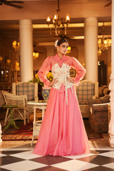 HAND EMBROIDERED TIE UP CORSET WITH ORGANZA SHIRT AND SKIRT