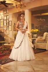 HAND EMBROIDERED ABSTRACT FLORAL EMBROIDERED GODET LEHENGA SET