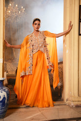 HAND EMBROIDERED JACKET CAPE SET PAIRED WITH ORGANZA SHARARA