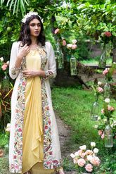 draped dress and full length jacket