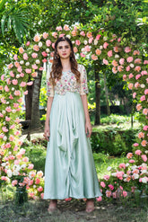 draped gown and jacket