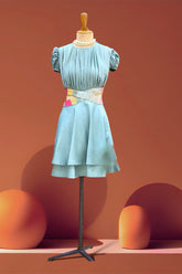 ICE BLUE SOLID HAND EMBROIDERED CUTOUT LAYERED DRESS