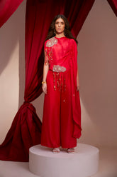 EMBROIDERED DRAWSTRING CAPE BLOUSE AND PANT SET