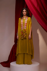 HAND EMBROIDERED HALF PLEAT CAPE PAIRED WITH A BLOUSE AND SHARARA SET