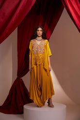 YOKE HAND EMBROIDERED KAFTAN PAIRED WITH COWl DRAPE ASYMMETRIC PANTS