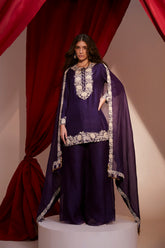PEARL HAND EMBROIDERED KURTA SET PAIRED WITH ORGANZA SHARARA AND MATCHING EMBROIDERED DUPATTA.