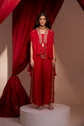 ASSYMETRIC HAND EMBROIDERED CAPE BLOUSE PANT SET