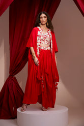 DRAWSTRING EMBROIDERED CAPE WITH EMBROIDERED BLOUSE AND PICKUP SKIRT