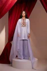 HAND EMBEORIDERED KURTA PAIRED WITH ORGANZA SHARARA AND DUPATTA.