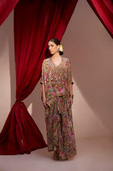 BEIGE PRINT CORD TASSEL KAFTAN PAIRED WITH MATCHING PRINT PICKUP SKIRT.