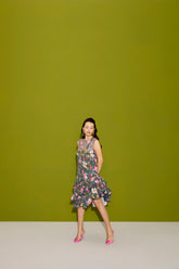 HAND EMBROIDERED SHORT DARK GREEN FLORAL PRINT ASSYMETRIC LAYER RUFFLE DRESS