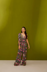 TRIPLE BOW ONE SHOULDER DARK GREEN FLORAL PRINT JUMPSUIT