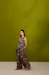 HAND EMBROIDERED SHORT DARK GREEN FLORAL SIDE HIGH LOW PRINT ASSYMETRIC TOP AND PANTS