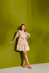 RUFFLE NECK COLORFUL CANDY PRINT TIER DRESS