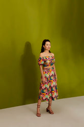 BLACK CARTOON PRINT CROP TOP & BOX PLEAT SKIRT