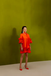 TANGERINE SOLID RUFFLE GATHER DRESS