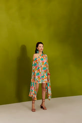 ONE SHOULDER CAPE SLEEVE WHITE CARTOON PRINT TOP & SHORTS