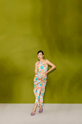 ONE SHOULDER CAPE SLEEVE WHITE CARTOON PRINT TOP & DRAWSTRING SKIRT