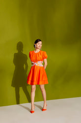 TANGERINE SOLID HAND EMBROIDERED CUTOUT LAYERED DRESS