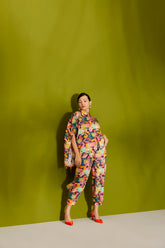 OVERSIZED BLACK CARTOON PRINT SHIRT WITH SIDE BUTTONED PANTS