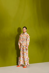 COLORFUL CANDY PRINT RUFFLE TOP WITH STATEMENT PANTS