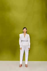 SOLID WHITE ONE SIDE RUFFLE JACKET PANTS AND HAND EMBROIDERED BELT