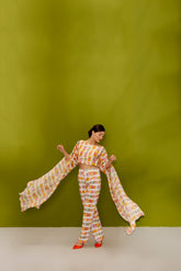 EMBELLISHED COLORFUL CANDY PRINT CAPE SLEEVE TOP AND PANTS