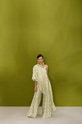 HAND EMBROIDERED MINT CANDY PRINT OFF SHOULDER TOP AND FLAP PANTS