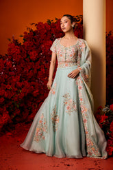 Ice Blue Placement Lehenga Set