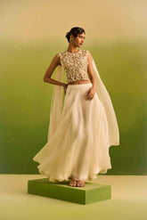 Ivory Side Pleeting Skirt with Gold Emb Top