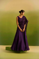 Purple Dori Emblished Palla Drape Saree Set