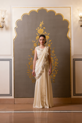 OFF WHITE DORI DRAPE SAREE SET